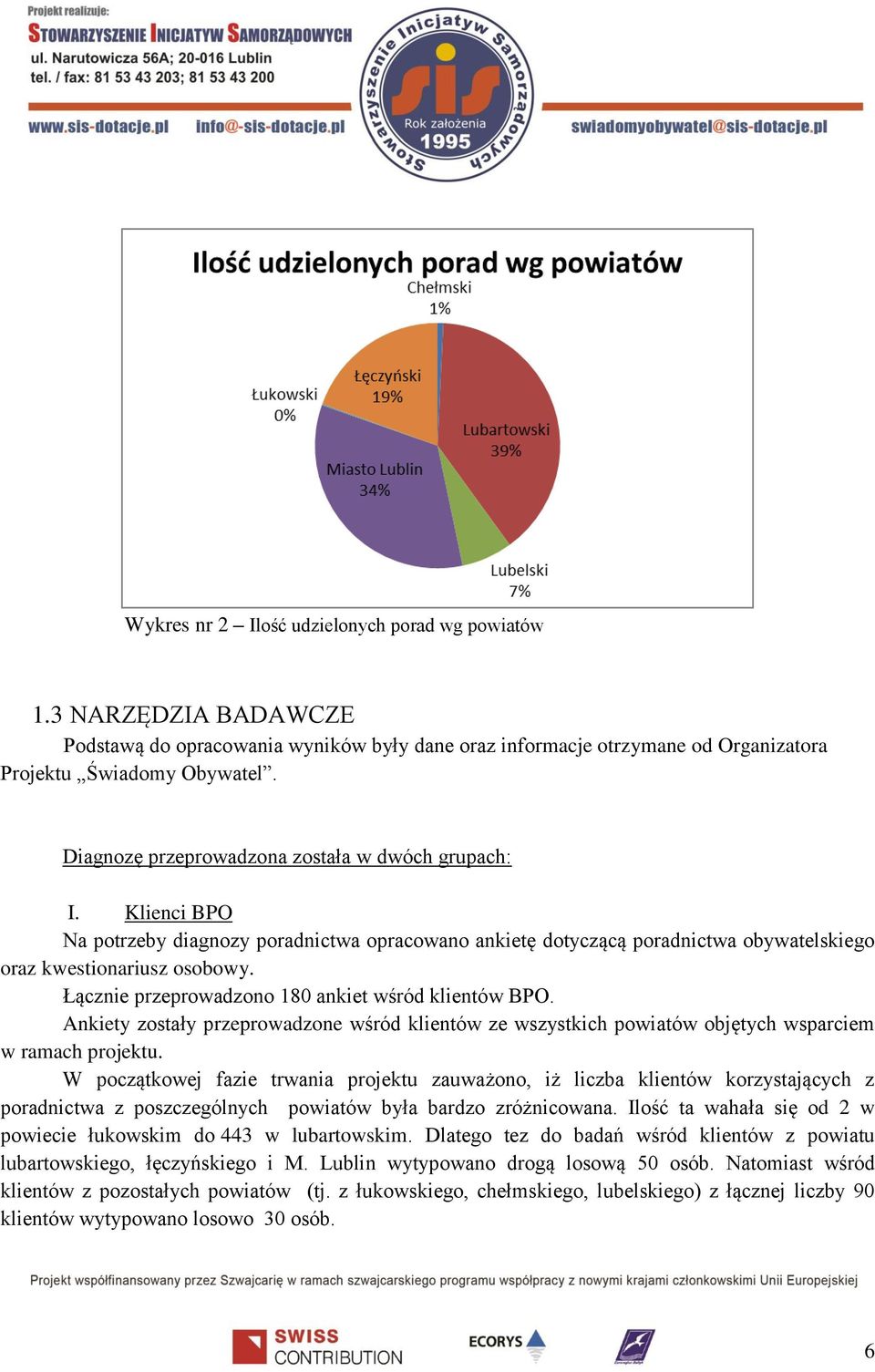 Łącznie przeprowadzono 180 ankiet wśród klientów BPO. Ankiety zostały przeprowadzone wśród klientów ze wszystkich powiatów objętych wsparciem w ramach projektu.