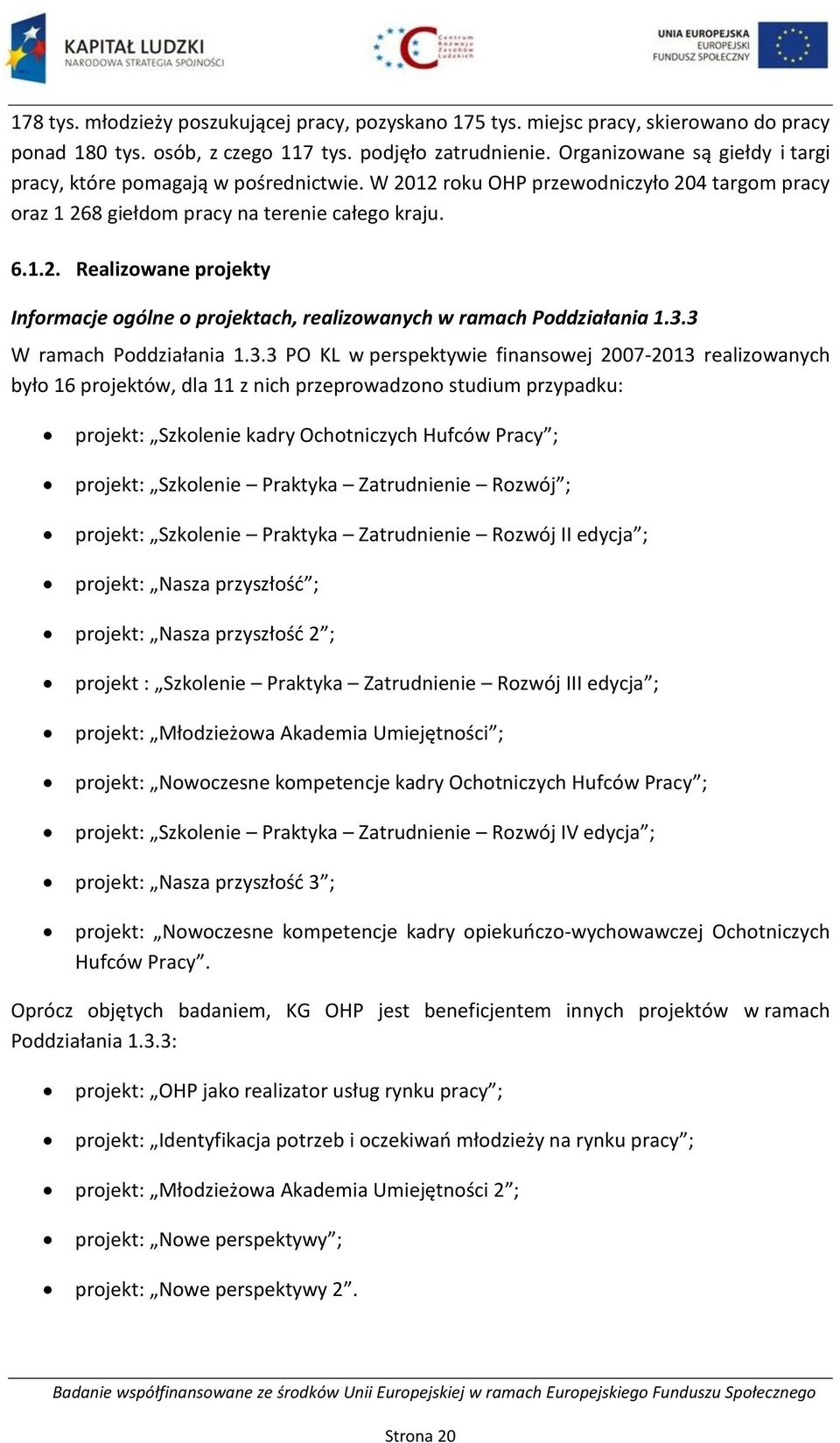 3.3 W ramach Poddziałania 1.3.3 PO KL w perspektywie finansowej 2007-2013 realizowanych było 16 projektów, dla 11 z nich przeprowadzono studium przypadku: projekt: Szkolenie kadry Ochotniczych Hufców