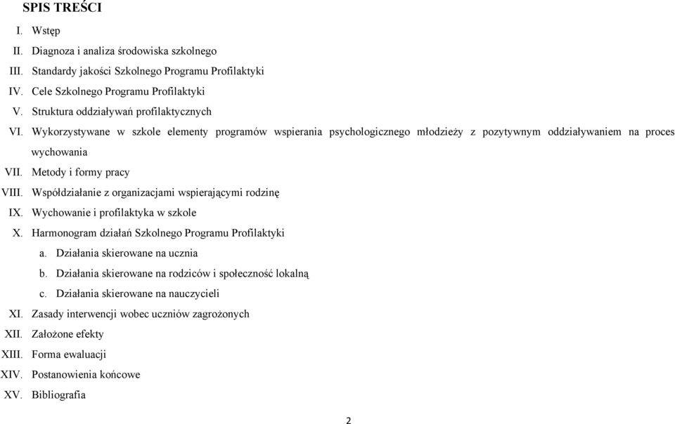 Metody i formy pracy VIII. Współdziałanie z organizacjami wspierającymi rodzinę IX. Wychowanie i profilaktyka w szkole X. Harmonogram działań Szkolnego Programu Profilaktyki a.