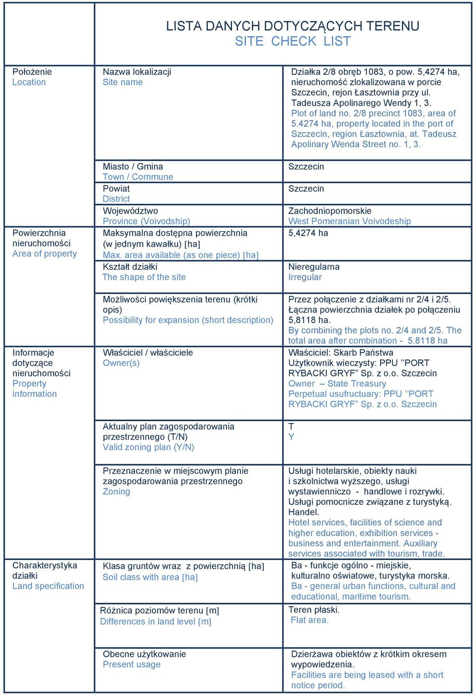 area available (as one piece) ha Kształt działki The shape of the site Możliwości powiększenia terenu (krótki opis) Possibility for expansion (short description) Właściciel / właściciele Owner(s)