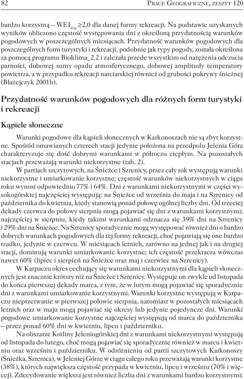 Przydatność warunków pogodowych dla poszczególnych form turystyki i rekreacji, podobnie jak typy pogody, została określona za pomocą programu Bioklima_2.