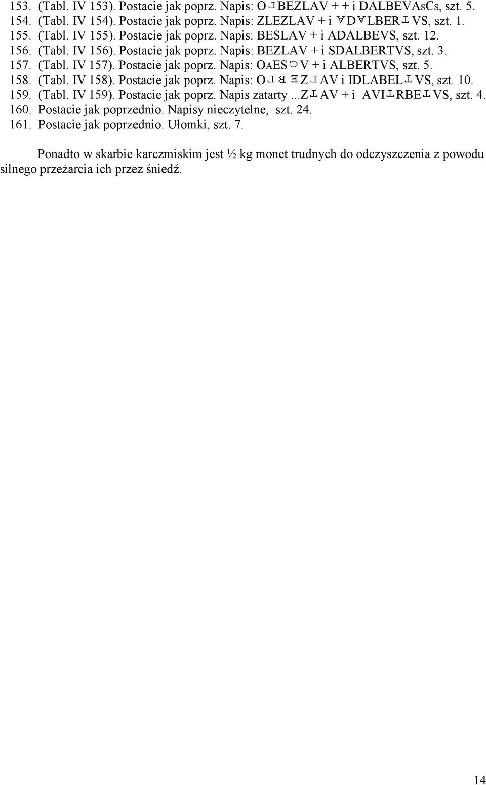 5. (Tabl. IV 158). Postacie jak poprz. Napis: O Z AV i IDLABEL VS, szt. 10. (Tabl. IV 159). Postacie jak poprz. Napis zatarty...z AV + i AVI RBE VS, szt. 4. Postacie jak poprzednio.