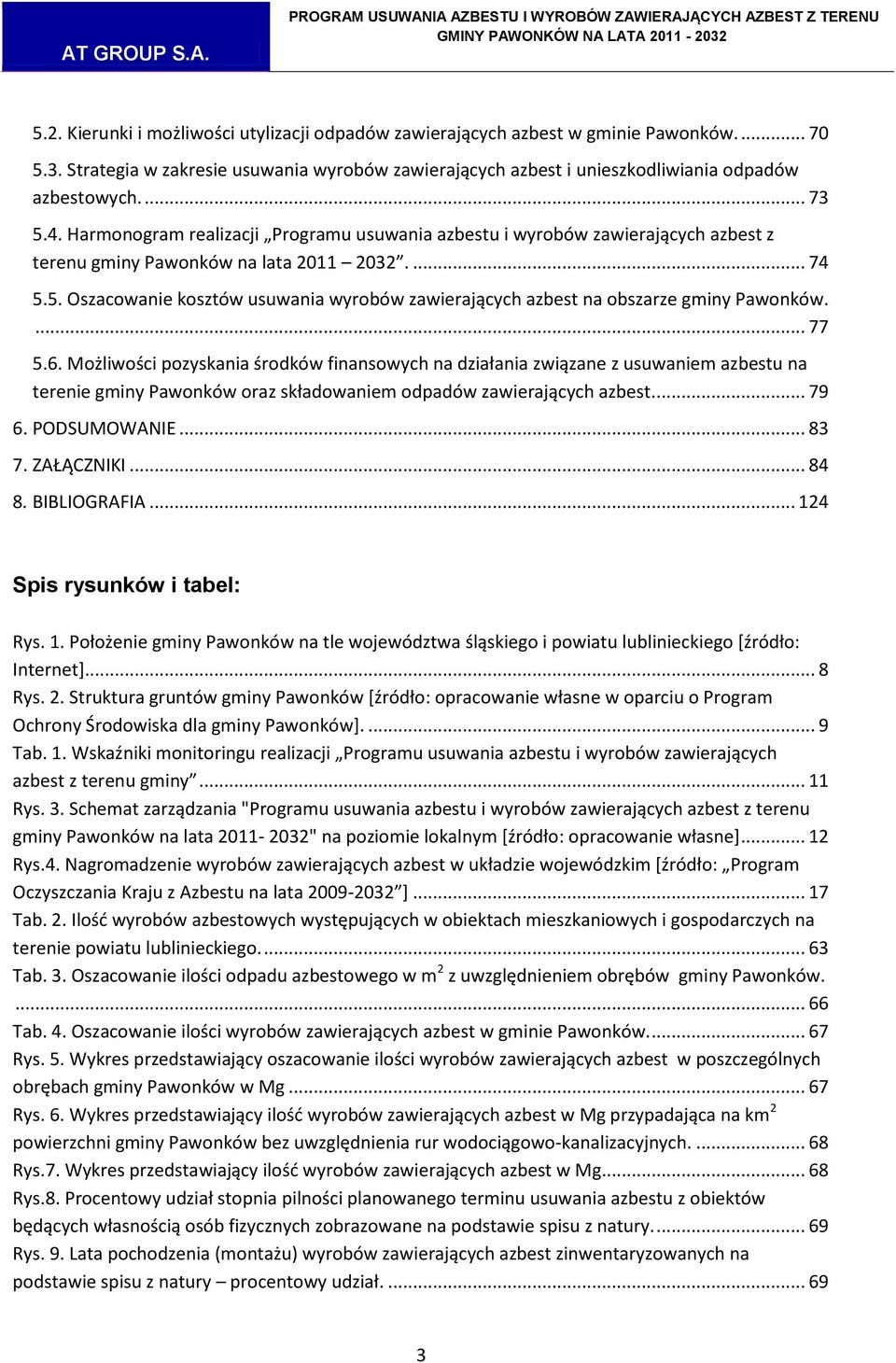 ... 77 5.6. Możliwości pozyskania środków finansowych na działania związane z usuwaniem azbestu na terenie gminy Pawonków oraz składowaniem odpadów zawierających azbest.... 79 6. PODSUMOWANIE... 83 7.