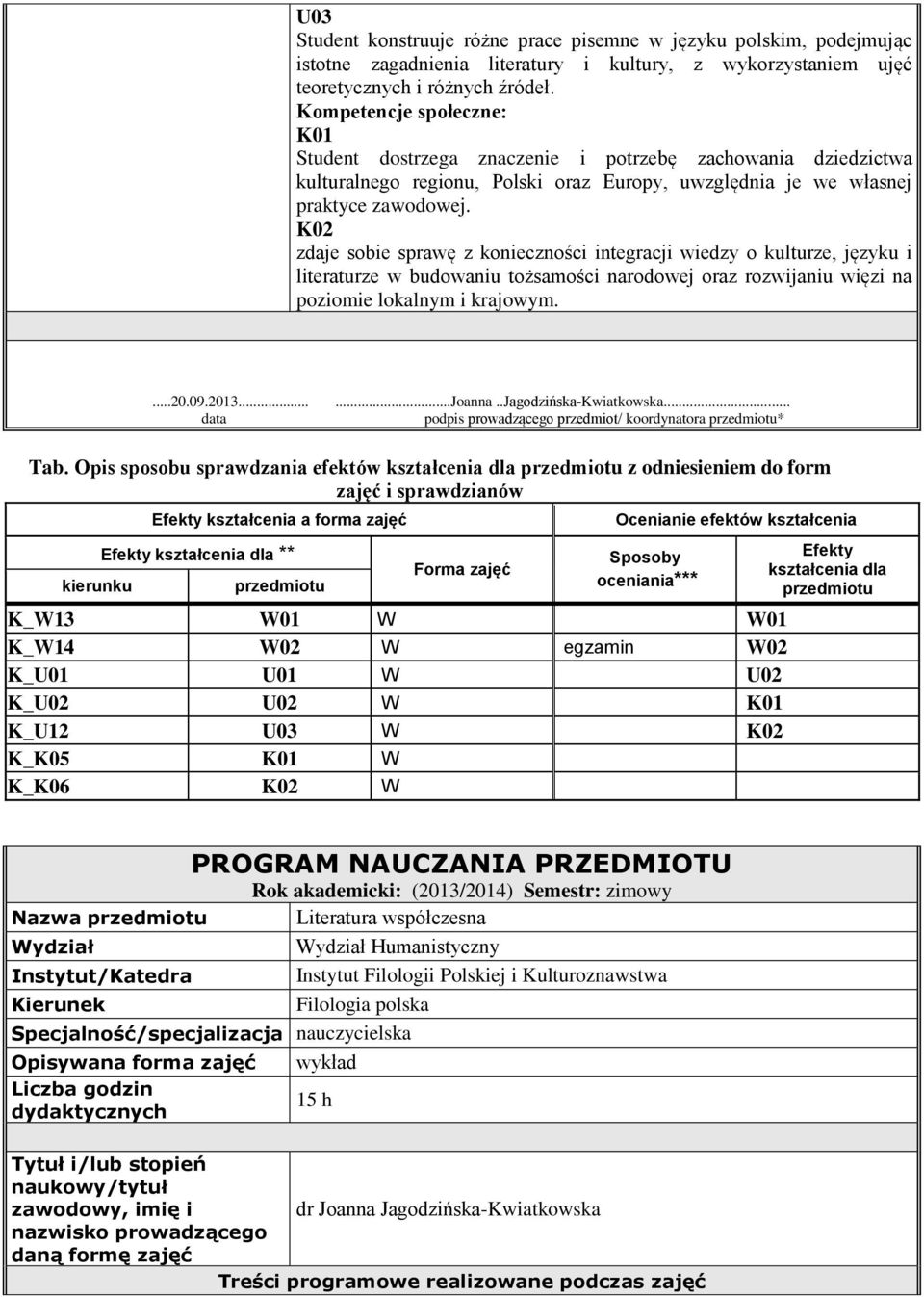 K02 zdaje sobie sprawę z konieczności integracji wiedzy o kulturze, języku i literaturze w budowaniu tożsamości narodowej oraz rozwijaniu więzi na poziomie lokalnym i krajowym....20.09.2013......joanna.
