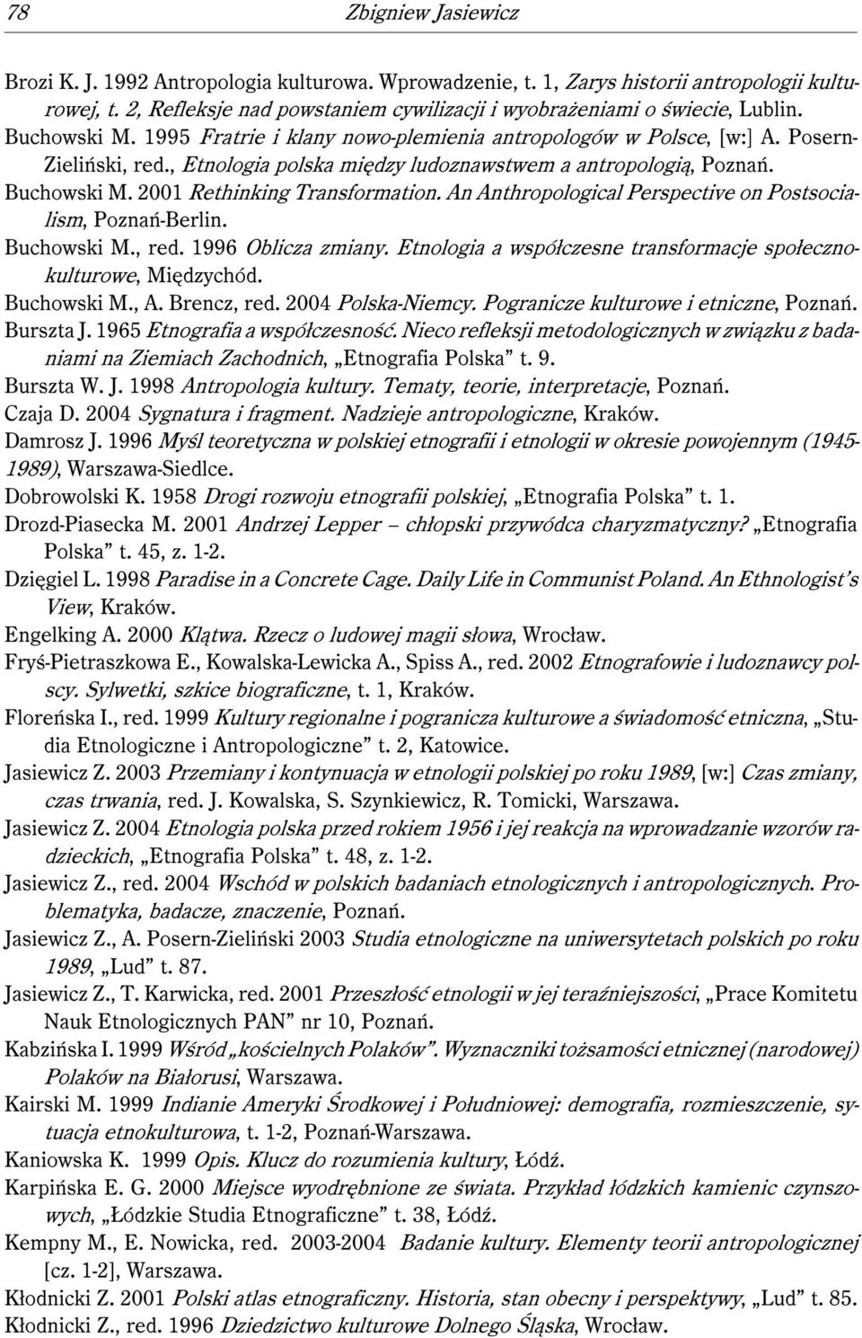 2001 Rethinking Transformation. An Anthropological Perspective on Postsocialism, Poznań-Berlin. Buchowski M., red. 1996 Oblicza zmiany.