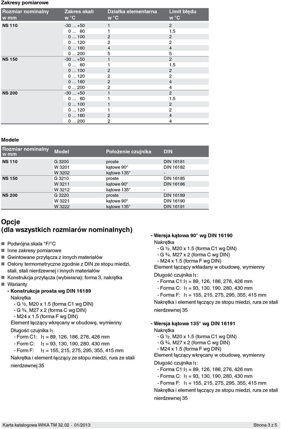 .. 200 2 4 Limit błędu Modele Rozmiar nominalny w mm Model Położenie czujnika DIN NS 110 G 3200 proste DIN 16181 W 3201 kątowe 90 DIN 16182 W 3202 kątowe 135 - NS 150 G 3210 proste DIN 16185 W 3211