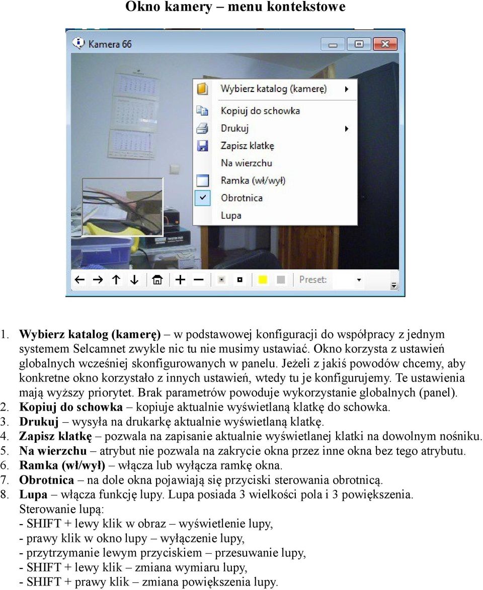 Te ustawienia mają wyższy priorytet. Brak parametrów powoduje wykorzystanie globalnych (panel). 2. Kopiuj do schowka kopiuje aktualnie wyświetlaną klatkę do schowka. 3.