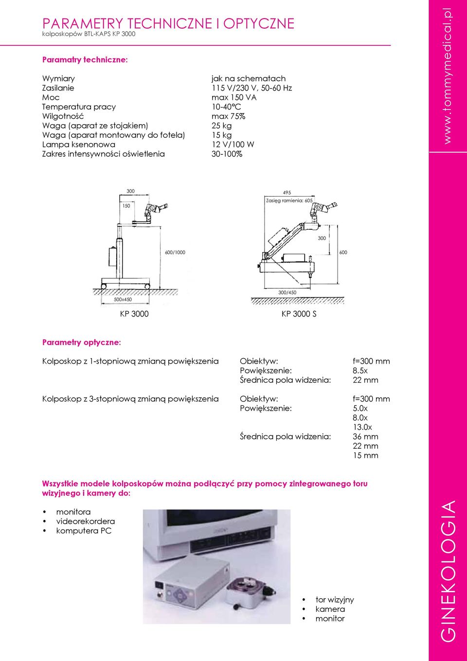 500x450 KP 3000 300/450 KP 3000 S Parametry optyczne: Kolposkop z 1-stopniową zmianą powiększenia Obiektyw: f=300 mm Powiększenie: 8.