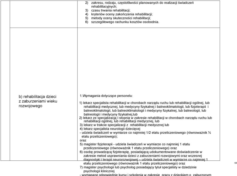 Wymagania dotyczące personelu: 1) lekarz specjalista rehabilitacji w chorobach narządu ruchu lub rehabilitacji ogólnej, lub rehabilitacji medycznej, lub medycyny fizykalnej i balneoklimatologii, lub