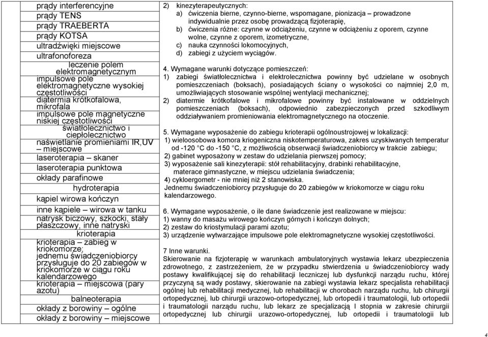 punktowa okłady parafinowe hydroterapia kąpiel wirowa kończyn inne kąpiele wirowa w tanku natrysk biczowy, szkocki, stały płaszczowy, inne natryski krioterapia krioterapia zabieg w kriokomorze;