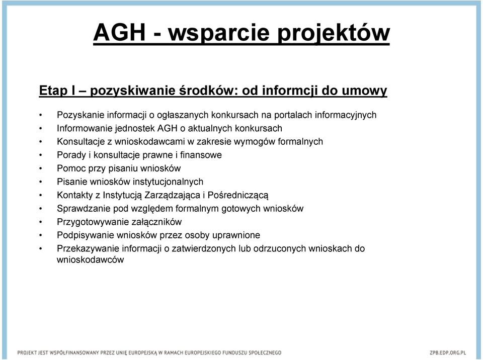 wniosków Pisanie wniosków instytucjonalnych Kontakty z Instytucją Zarządzająca i Pośredniczącą Sprawdzanie pod względem formalnym gotowych wniosków