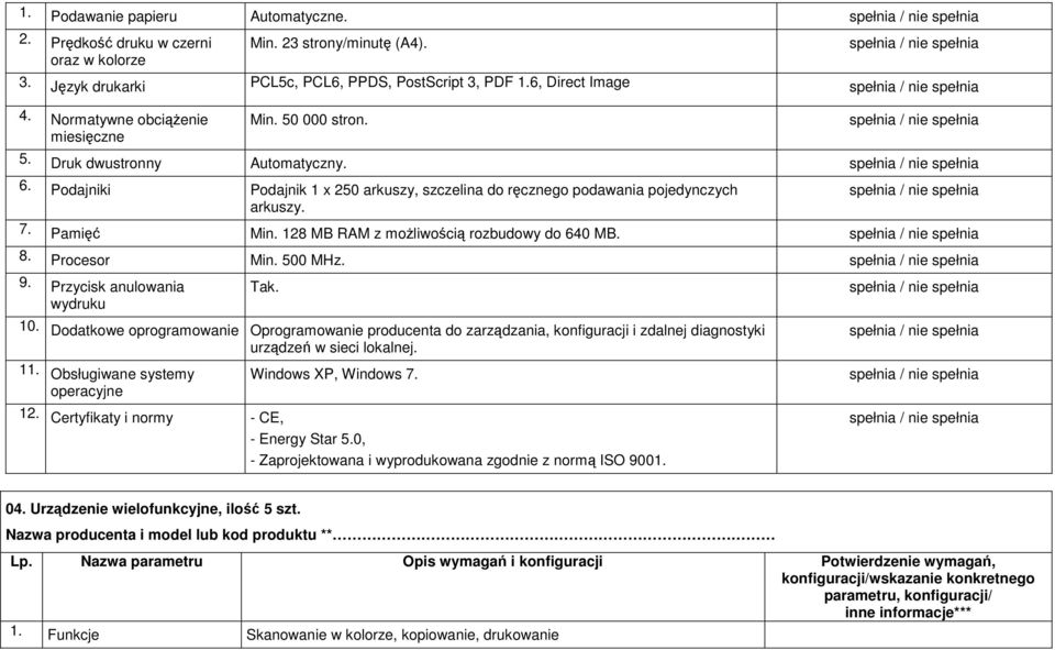 128 MB RAM z moŝliwością rozbudowy do 640 MB. 8. Procesor Min. 500 MHz. 9. Przycisk anulowania wydruku Tak. 10.