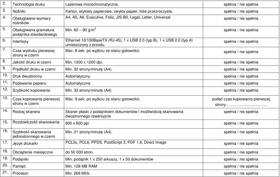 0 (typ B), 1 x USB 2.0 (typ A) umieszczony z przodu. 7. Czas wydruku pierwszej Max. 8 sek. po wyjściu ze stanu gotowości. strony w czerni 8. Jakość druku w czerni Min. 1200 x 1200 dpi. 9.