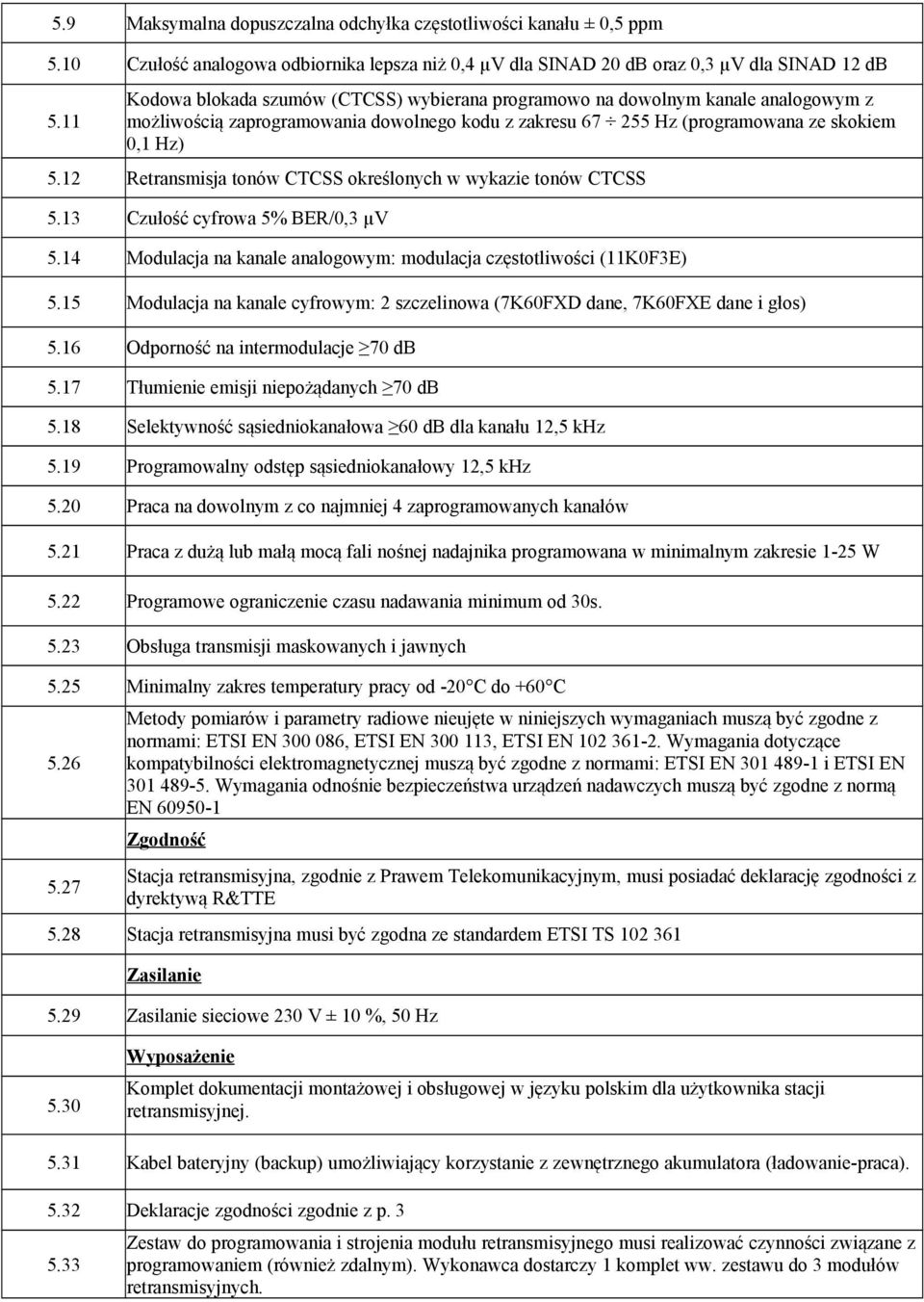 12 Retransmisja tonów CTCSS określonych w wykazie tonów CTCSS 5.13 Czułość cyfrowa 5% BER/0,3 µv 5.14 Modulacja na kanale analogowym: modulacja częstotliwości (11K0F3E) 5.