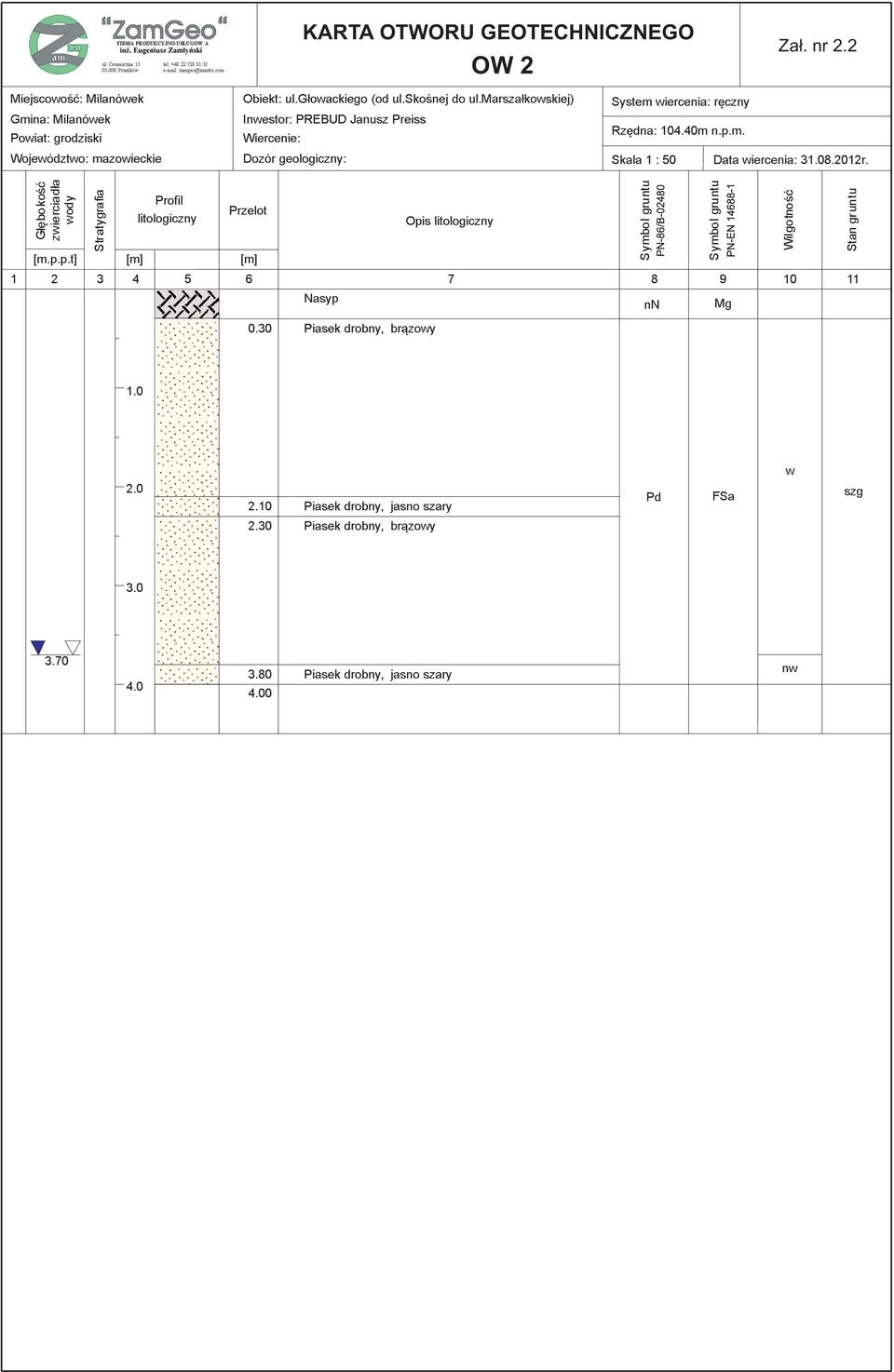 marsza³kowskiej) Inwestor: PREBUD Janusz Preiss Wiercenie: Dozór geologiczny: Przelot Opis litologiczny [m.p.p.t] [m] [m] 1 2 3 4 5 6 7 Nasyp 0.30 Piasek drobny, br¹zowy 2.