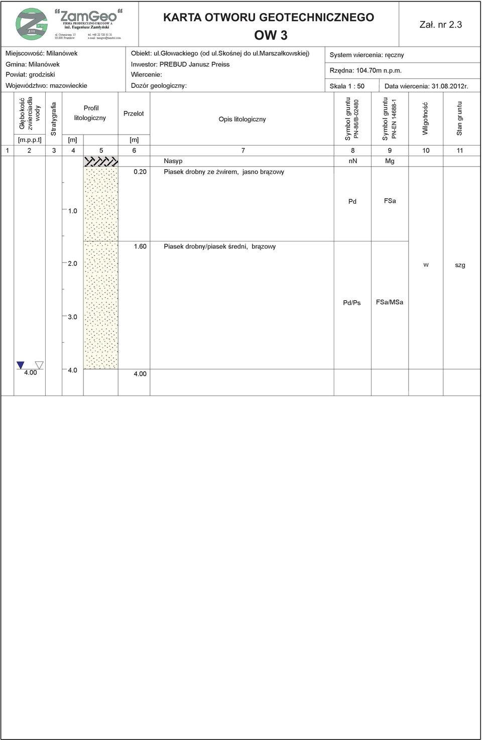 marsza³kowskiej) Inwestor: PREBUD Janusz Preiss Wiercenie: Dozór geologiczny: Przelot Opis litologiczny [m.p.p.t] [m] [m] 1 2 3 4 5 6 7 Nasyp 0.20 Piasek drobny ze wirem, jasno br¹zowy Za³. nr 2.