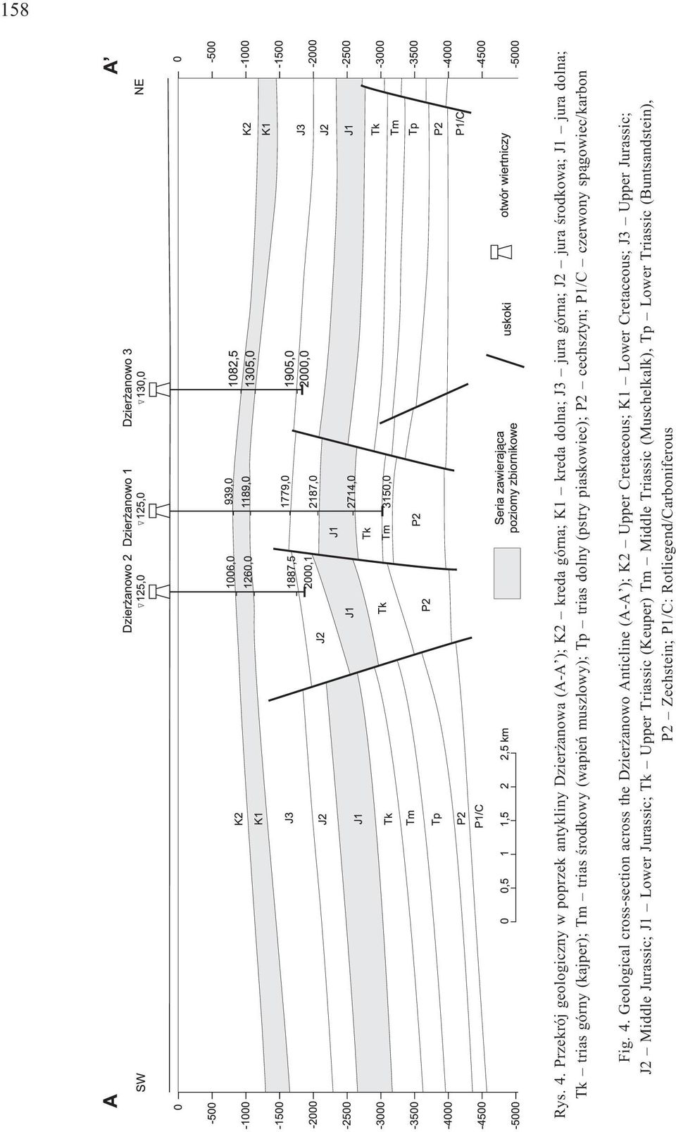 górny (kajper); Tm trias œrodkowy (wapieñ muszlowy); Tp trias dolny (pstry piaskowiec); P2 cechsztyn; P1/C czerwony sp¹gowiec/karbon Fig. 4.