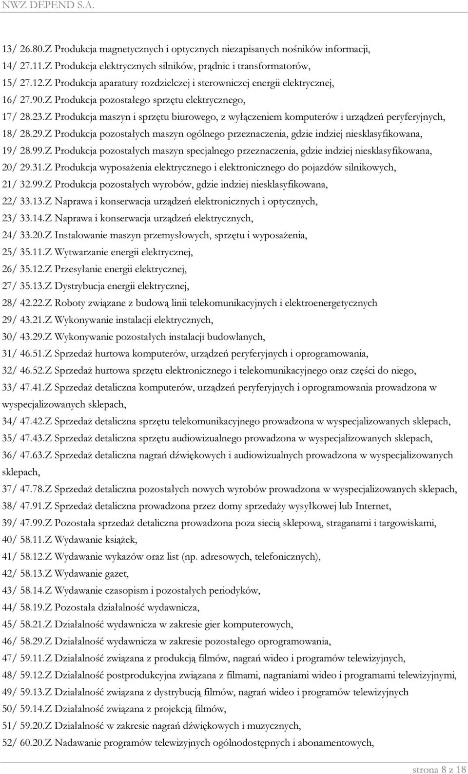 Z Produkcja maszyn i sprzętu biurowego, z wyłączeniem komputerów i urządzeń peryferyjnych, 18/ 28.29.Z Produkcja pozostałych maszyn ogólnego przeznaczenia, gdzie indziej niesklasyfikowana, 19/ 28.99.