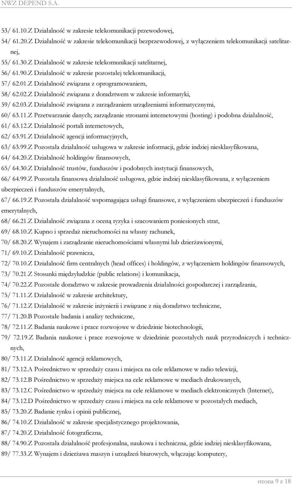 Z Działalność związana z doradztwem w zakresie informatyki, 59/ 62.03.Z Działalność związana z zarządzaniem urządzeniami informatycznymi, 60/ 63.11.