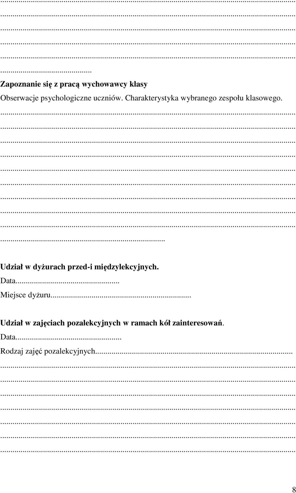 ... Udział w dyżurach przed-i międzylekcyjnych. Data... Miejsce dyżuru.