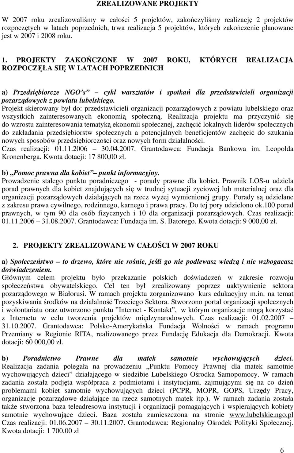 PROJEKTY ZAKOCZONE W 2007 ROKU, KTÓRYCH REALIZACJA ROZPOCZ ŁA SI W LATACH POPRZEDNICH a) Przedsibiorcze NGO s cykl warsztatów i spotka dla przedstawicieli organizacji pozarzdowych z powiatu