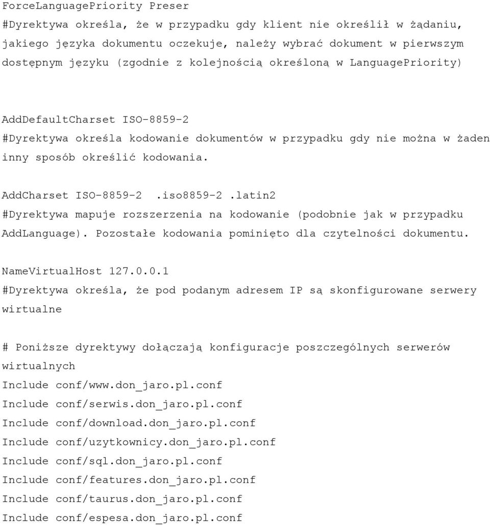 iso8859-2.latin2 #Dyrektywa mapuje rozszerzenia na kodowanie (podobnie jak w przypadku AddLanguage). Pozostałe kodowania pominięto dla czytelności dokumentu. NameVirtualHost 127.0.