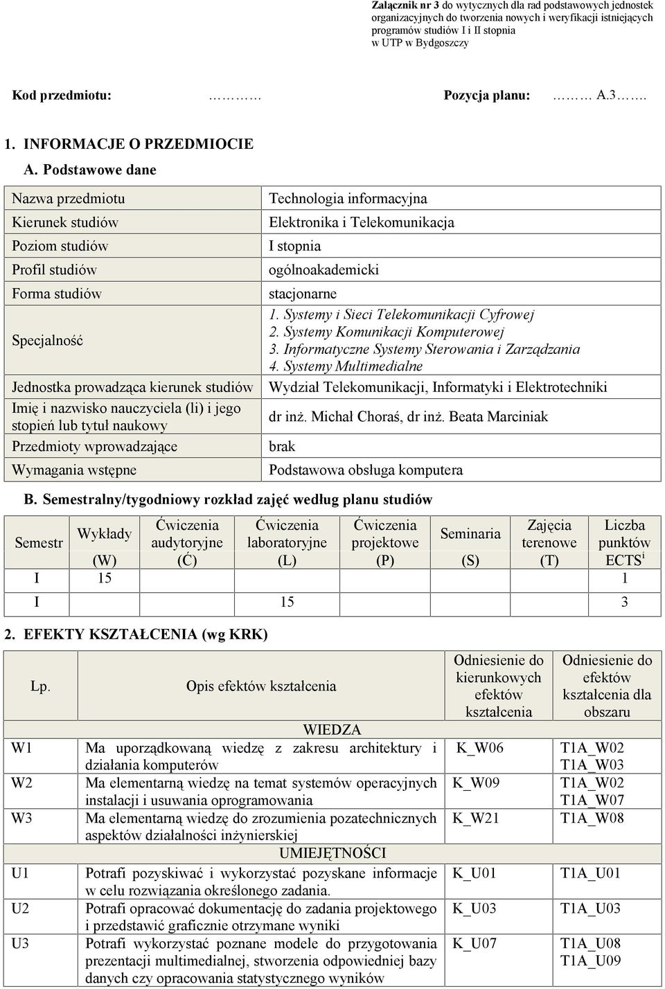 Podstawowe dane Nazwa przedmiotu Kierunek studiów Poziom studiów Profil studiów Forma studiów Specjalność Jednostka prowadząca kierunek studiów Imię i nazwisko nauczyciela (li) i jego stopień lub