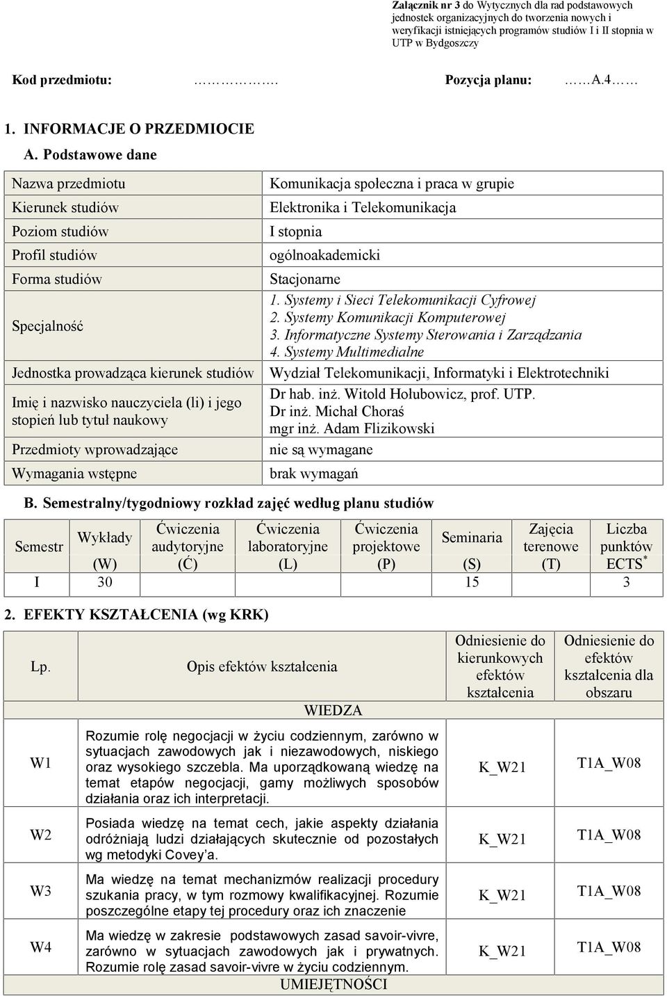 Podstawowe dane Nazwa przedmiotu Kierunek studiów Poziom studiów Profil studiów Forma studiów Specjalność Jednostka prowadząca kierunek studiów Imię i nazwisko nauczyciela (li) i jego stopień lub