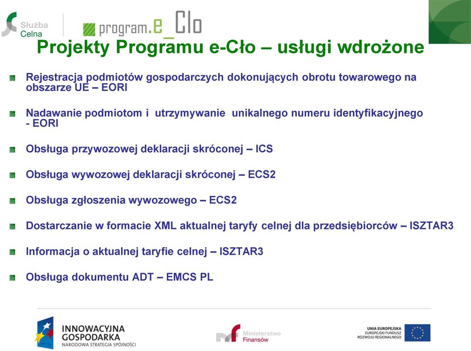 skróconej ICS Obsługa wywozowej deklaracji skróconej ECS2 Obsługa zgłoszenia wywozowego ECS2 Dostarczanie w formacie XML