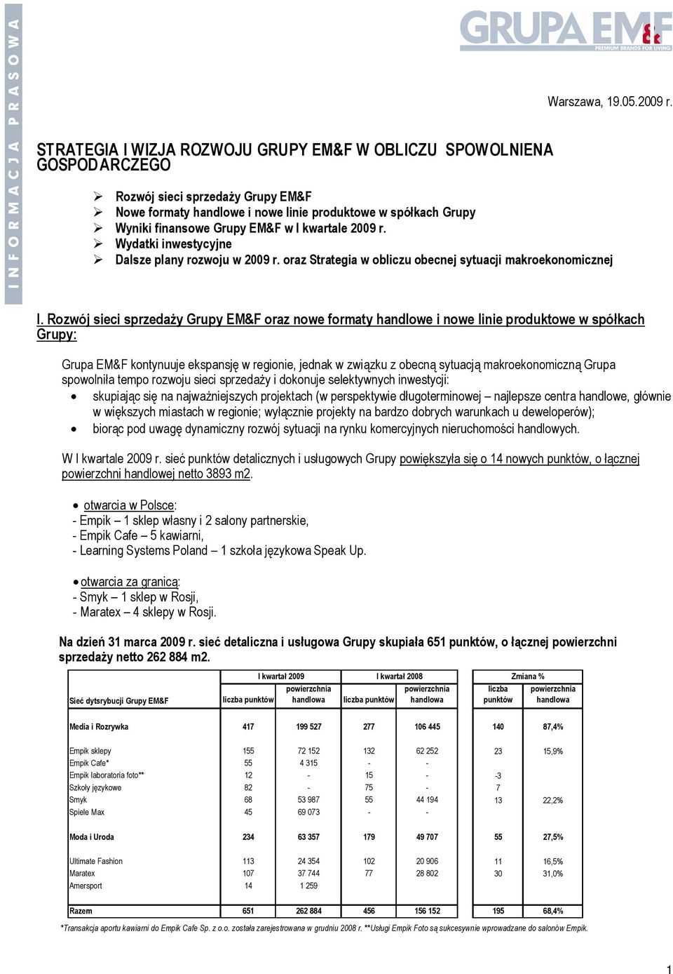 I kwartale 2009 r. Wydatki inwestycyjne Dalsze plany rozwoju w 2009 r. oraz Strategia w obliczu obecnej sytuacji makroekonomicznej I.