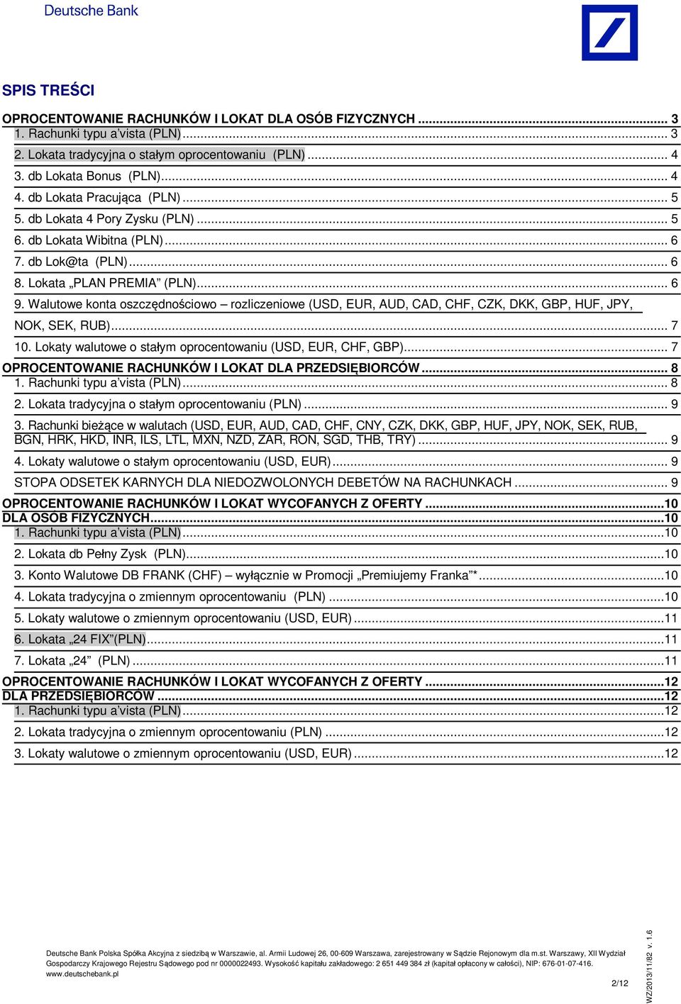 Walutowe konta oszcz dno ciowo rozliczeniowe (USD, EUR, AUD, CAD, CHF, CZK, DKK, GBP, HUF, JPY, NOK, SEK, RUB)... 7 10. Lokaty walutowe o sta ym oprocentowaniu (USD, EUR, CHF, GBP).