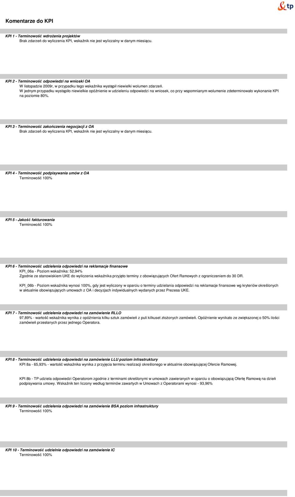 KPI 3 - Terminowość zakończenia negocjacji z OA KPI 4 - Terminowość podpisywania umów z OA KPI 5 - Jakość fakturowania KPI 6 - Terminowość udzielenia odpowiedzi na reklamacje finansowe KPI_06a -