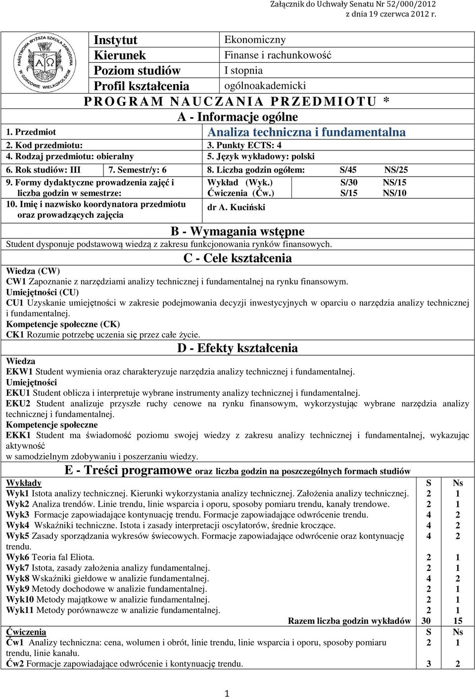 Przedmiot Analiza techniczna i fundamentalna. Kod przedmiotu:. Punkty ECTS: 4 4. Rodzaj przedmiotu: obieralny 5. Język wykładowy: polski 6. Rok studiów: III 7. Semestr/y: 6 8.