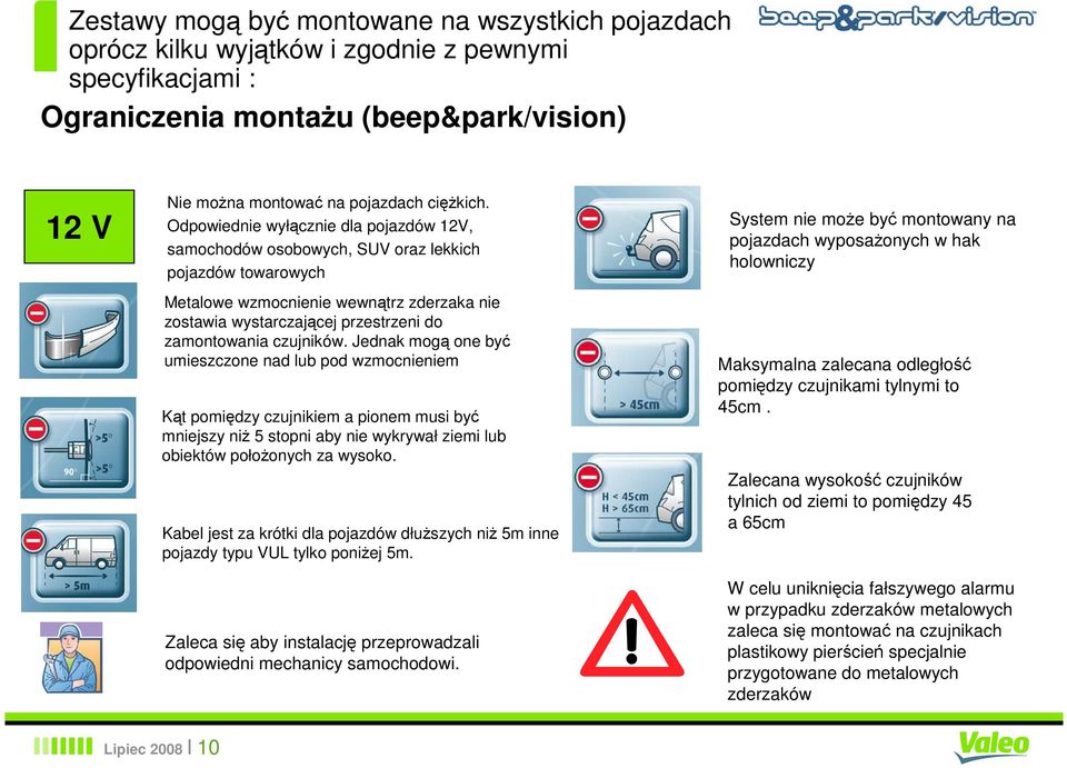 czujników. Jednak mogą one być umieszczone nad lub pod wzmocnieniem Kąt pomiędzy czujnikiem a pionem musi być mniejszy niŝ 5 stopni aby nie wykrywał ziemi lub obiektów połoŝonych za wysoko.