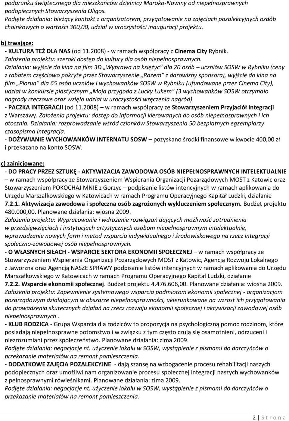 b) trwające: - KULTURA TEŻ DLA NAS (od 11.2008) - w ramach współpracy z Cinema City Rybnik. Założenia projektu: szeroki dostęp do kultury dla osób niepełnosprawnych.