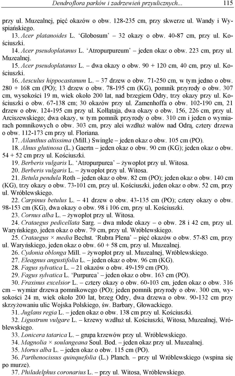 Kościuszki. 16. Aesculus hippocastanum L. 37 drzew o obw. 71-250 cm, w tym jedno o obw. 280 + 168 cm (PO); 13 drzew o obw. 78-195 cm (KG), pomnik przyrody o obw.