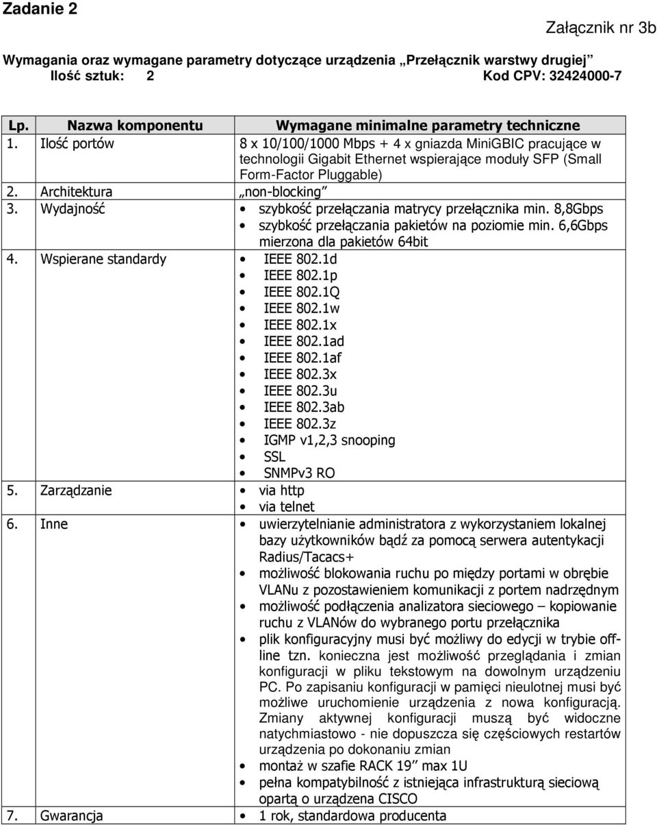 Wydajność szybkość przełączania matrycy przełącznika min. 8,8Gbps szybkość przełączania pakietów na poziomie min. 6,6Gbps mierzona dla pakietów 64bit 4. Wspierane standardy IEEE 802.1d IEEE 802.