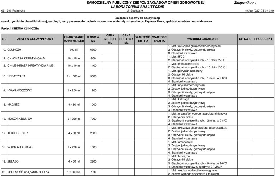 CK-MB KINAZA KREATYNOWA MB 10 x 10 ml 1100 13. KREATYNINA 1 x 1000 ml 5000 14. KWAS MOCZOWY 1 x 200 ml 1200 15. MAGNEZ 4 x 50 ml 1000 16. MOCZNIK/BUN UV 2 x 250 ml 7000 17.