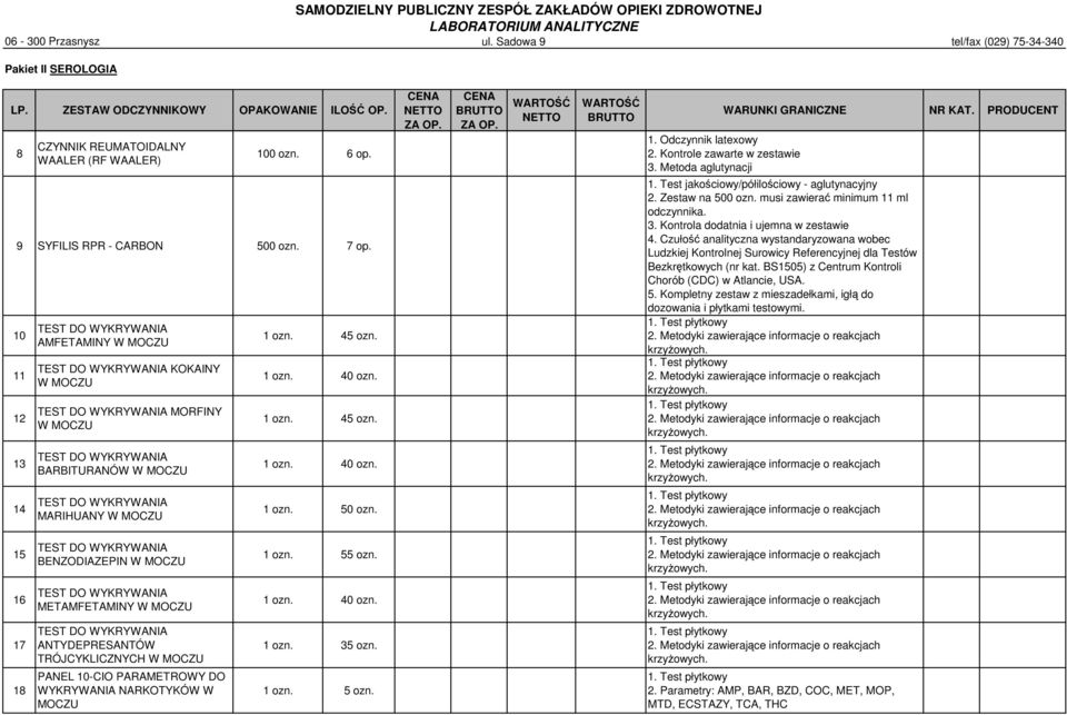 MOCZU PANEL 10-CIO PARAMETROWY DO WYKRYWANIA NARKOTYKÓW W MOCZU 1 ozn. 45 ozn. 1 ozn. 40 ozn. 1 ozn. 45 ozn. 1 ozn. 40 ozn. 1 ozn. 50 ozn. 1 ozn. 55 ozn. 1 ozn. 40 ozn. 1 ozn. 35 ozn. 1 ozn. 5 ozn. 1. Odczynnik latexowy 2.