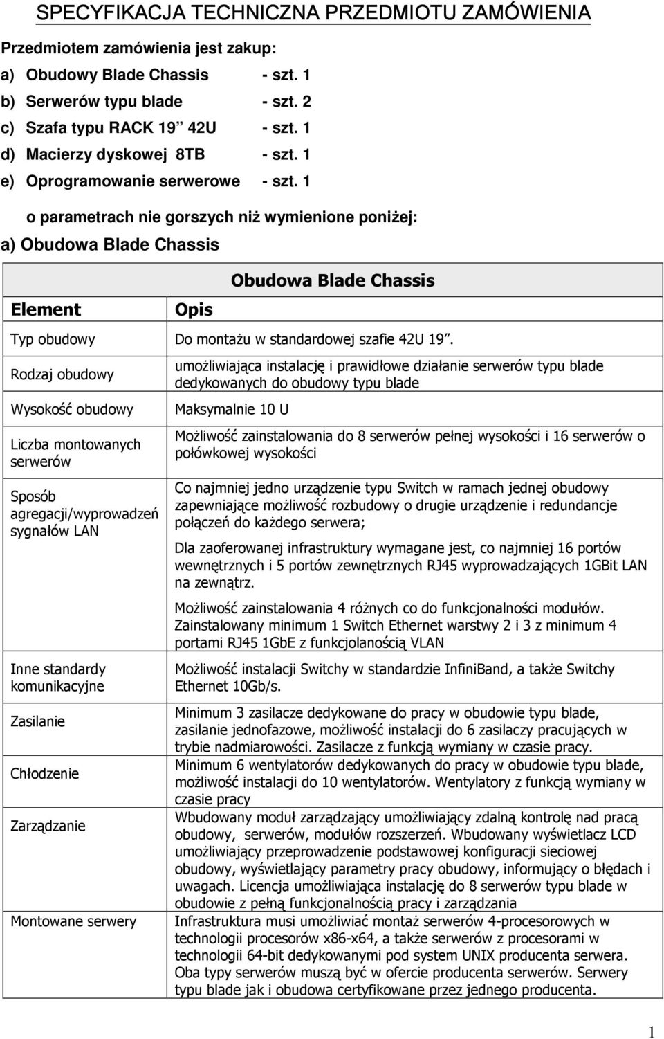 1 o parametrach nie gorszych niŝ wymienione poniŝej: a) Obudowa Blade Chassis Obudowa Blade Chassis Typ obudowy Do montaŝu w standardowej szafie 42U 19.