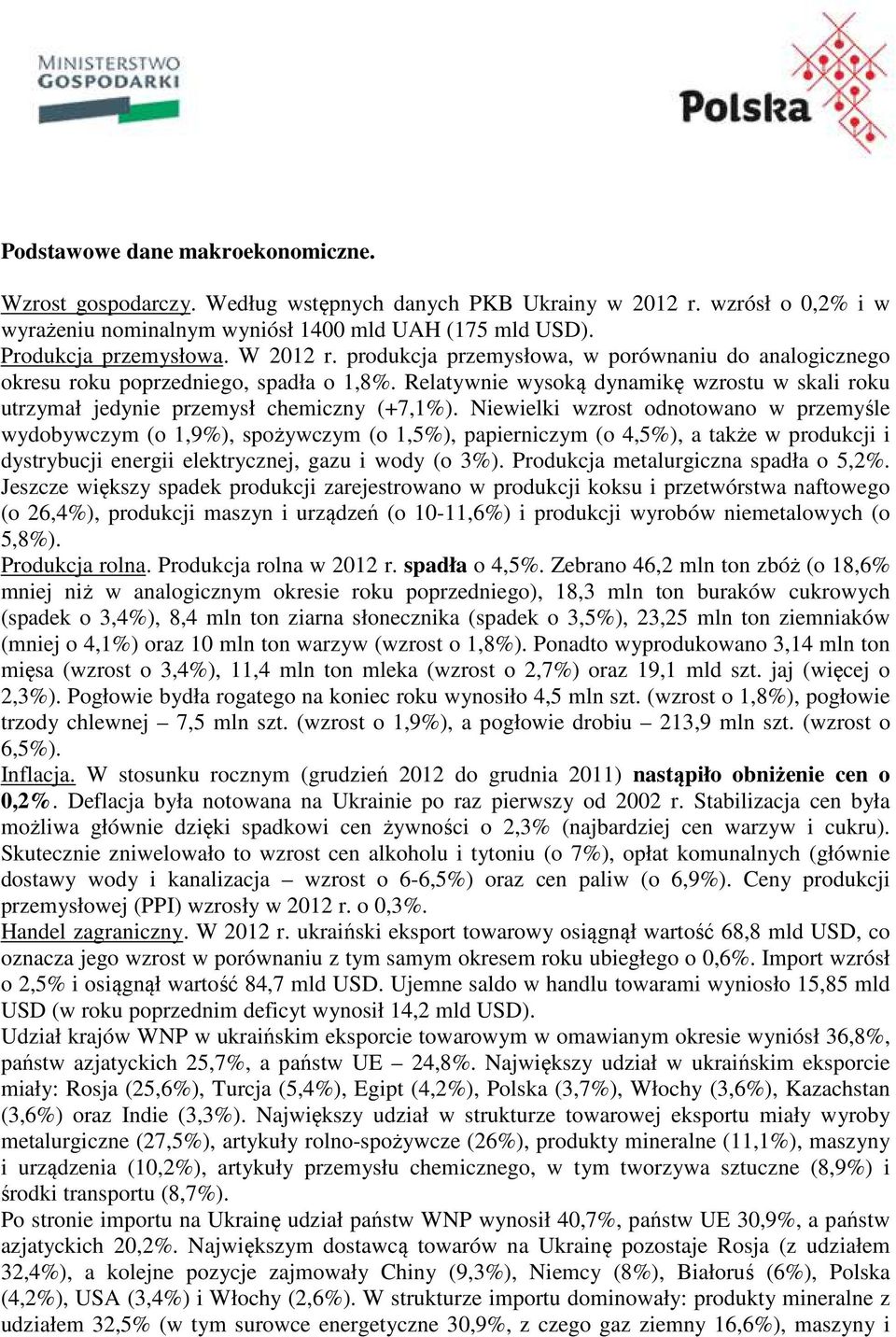 Niewielki wzrost odnotowano w przemyśle wydobywczym (o 1,9%), spożywczym (o 1,5%), papierniczym (o 4,5%), a także w produkcji i dystrybucji energii elektrycznej, gazu i wody (o 3%).