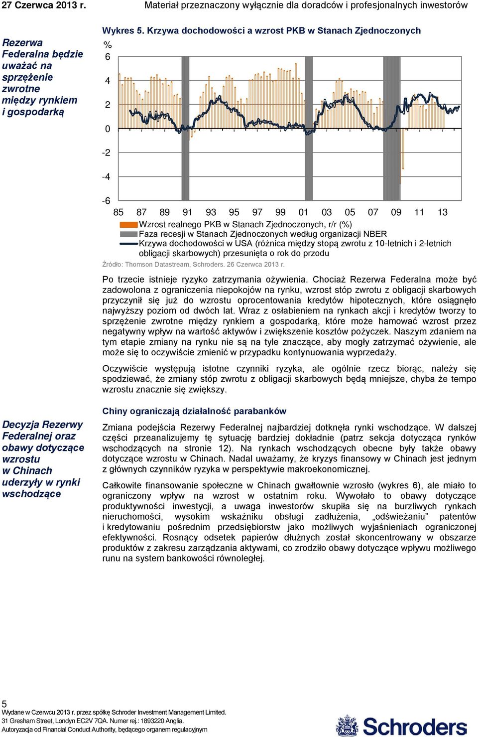 organizacji NBER Krzywa dochodowości w USA (różnica między stopą zwrotu z 1-letnich i -letnich obligacji skarbowych) przesunięta o rok do przodu Źródło: Thomson Datastream, Schroders. Czerwca 13 r.