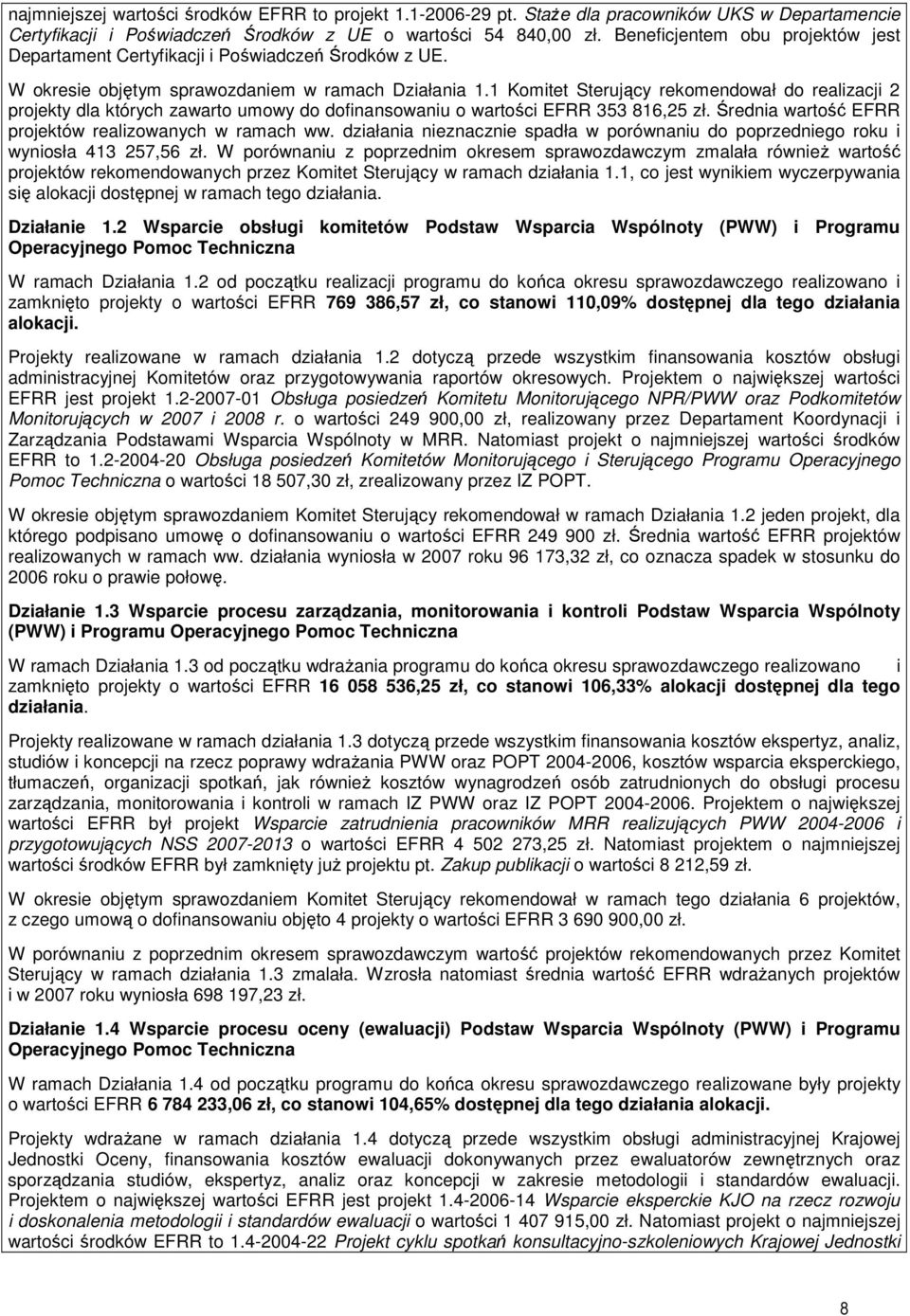 1 Komitet Sterujący rekomendował do realizacji 2 projekty dla których zawarto umowy do dofinansowaniu o wartości EFRR 353 816,25 zł. Średnia wartość EFRR projektów realizowanych w ramach ww.