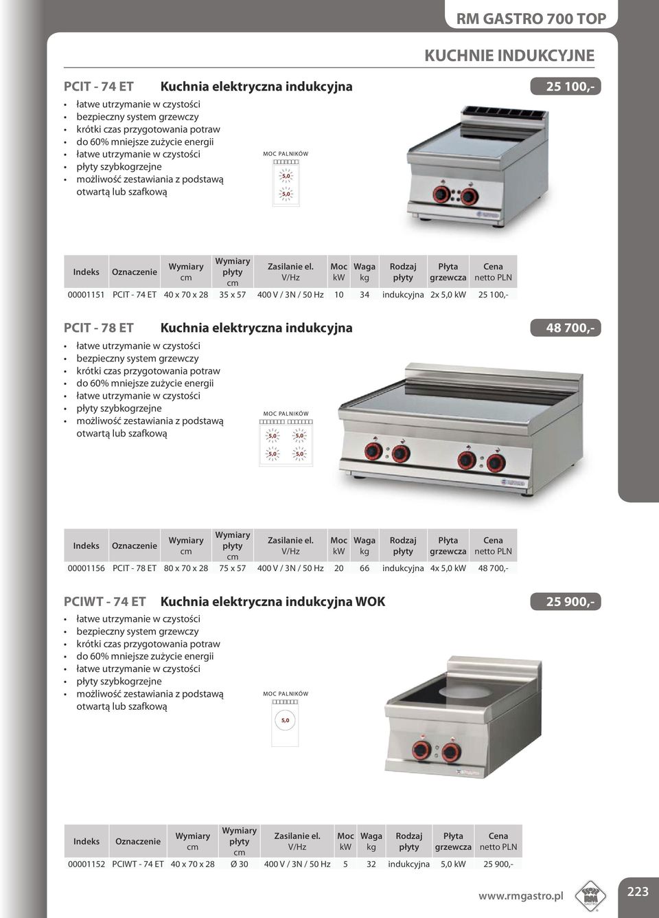 mniejsze zużycie energii szybkogrzejne 5,0 5,0 5,0 5,0 00001156 PCIT - 78 ET 80 x 70 x 28 75 x 57 400 V / 3N / 50 Hz 20 66 indukcyjna 4x 5,0 48 700,- PCIWT - 74 ET Kuchnia eektryczna indukcyjna WOK