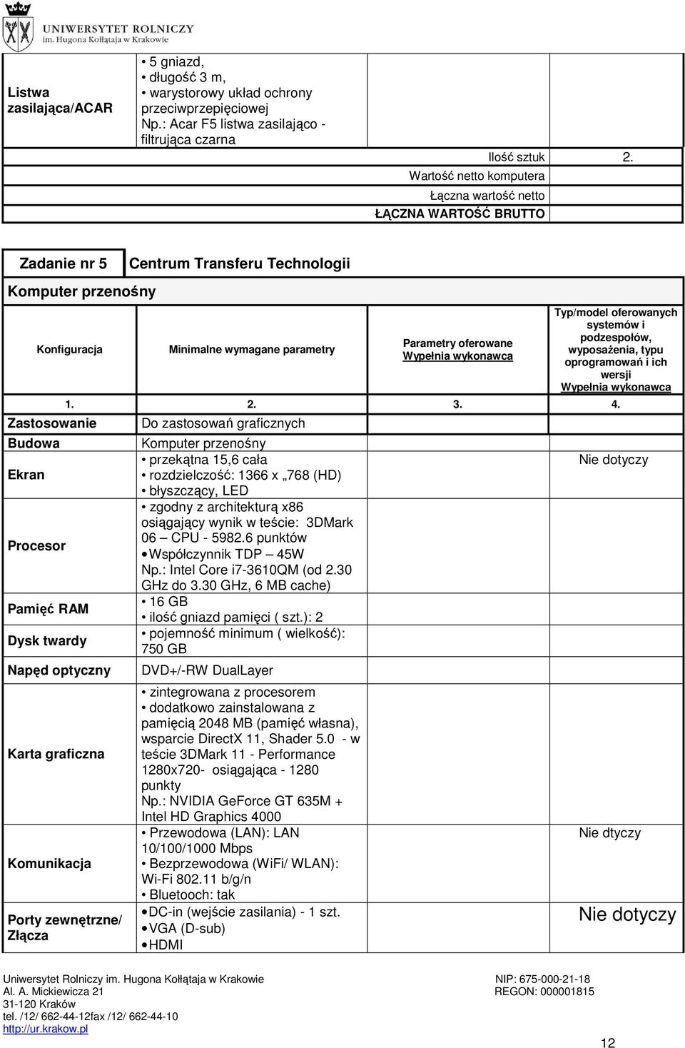 graficzna Komunikacja Porty zewnętrzne/ Złącza Centrum Transferu Technologii Minimalne wymagane parametry Parametry oferowane Typ/model oferowanych systemów i podzespołów, wyposażenia, typu