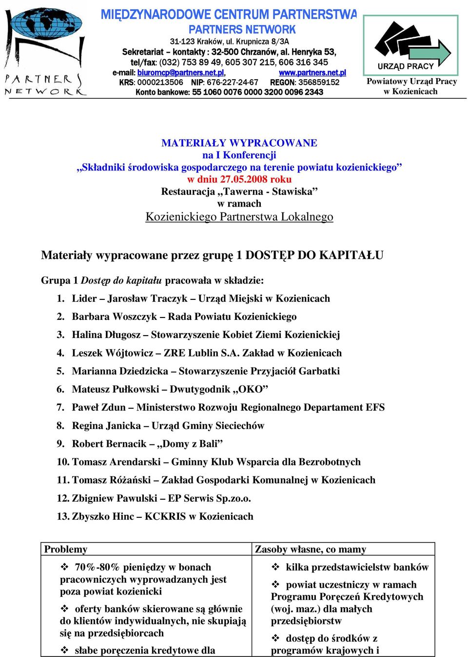 Lider Jarosław Traczyk Urząd Miejski 2. Barbara Woszczyk Rada Powiatu Kozienickiego 3. Halina Długosz Stowarzyszenie Kobiet Ziemi Kozienickiej 4. Leszek Wójtowicz ZRE Lublin S.A. Zakład 5.