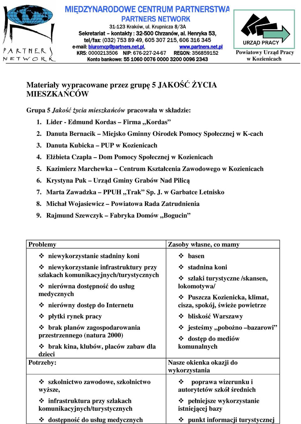 Krystyna Puk Urząd Gminy Grabów Nad Pilicą 7. Marta Zawadzka PPUH Trak Sp. J. w Garbatce Letnisko 8. Michał Wojasiewicz Powiatowa Rada Zatrudnienia 9.