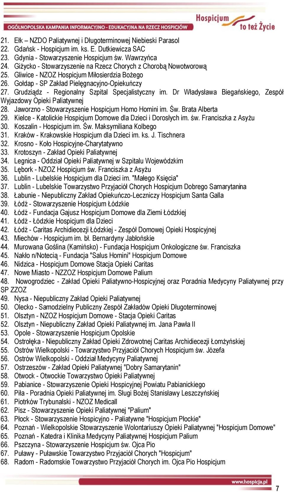 Grudziądz - Regionalny Szpital Specjalistyczny im. Dr Władysława Biegańskiego, Zespół Wyjazdowy Opieki Paliatywnej 28. Jaworzno - Stowarzyszenie Hospicjum Homo Homini im. Św. Brata Alberta 29.