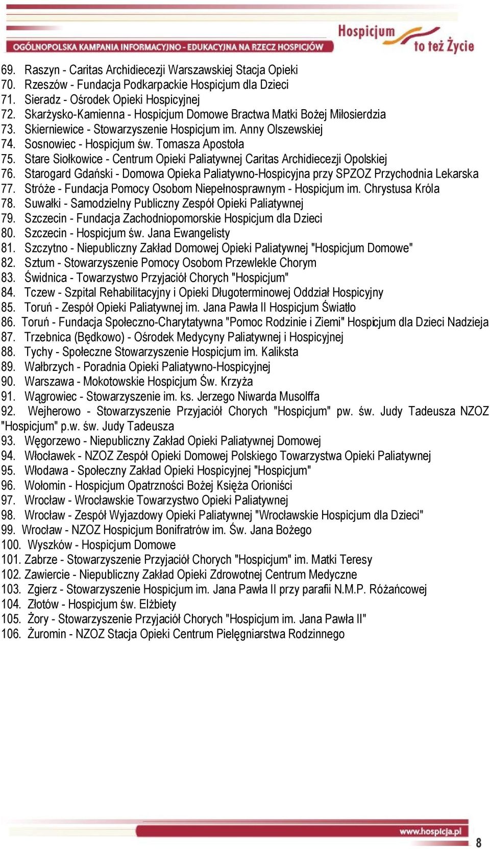 Stare Siołkowice - Centrum Opieki Paliatywnej Caritas Archidiecezji Opolskiej 76. Starogard Gdański - Domowa Opieka Paliatywno-Hospicyjna przy SPZOZ Przychodnia Lekarska 77.