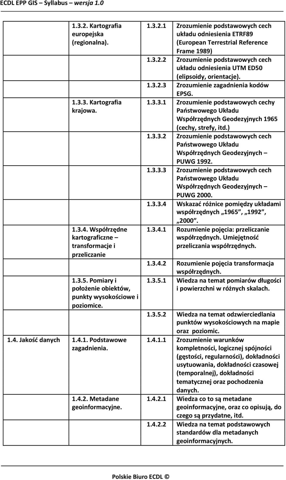 1.3.3.3 Zrozumienie podstawowych cech Państwowego Układu Współrzędnych Geodezyjnych PUWG 2000. 1.3.3.4 Wskazać różnice pomiędzy układami współrzędnych 1965, 1992, 2000. 1.3.4. Współrzędne 1.3.4.1 Rozumienie pojęcia: przeliczanie kartograficzne współrzędnych.